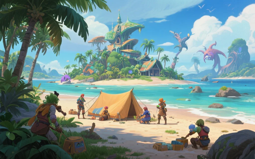 一座充满热带植被和神秘建筑的岛屿，几位角色正在沙滩上建造营地，远处有奇幻生物出没