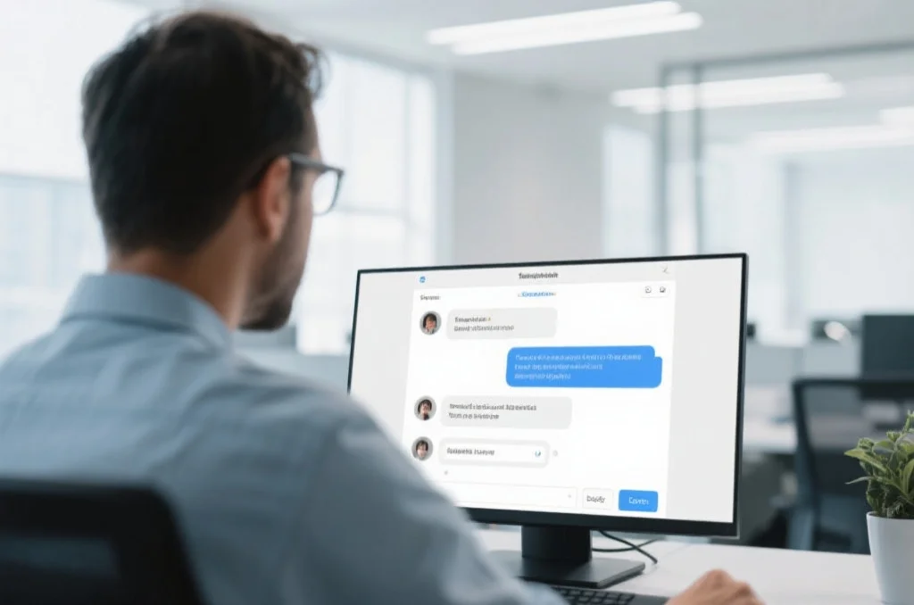 技术支持人员通过在线聊天协助用户解决登录故障，屏幕上显示对话窗口，背景为明亮的办公室